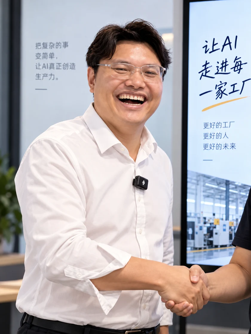 黄朝兴在工厂 AI 主题展示区与人交流